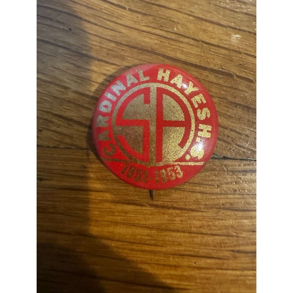 Vintage Cardinal‎ Hayes High school Bronx NY Pin back Pin Button Red Gold 1950s